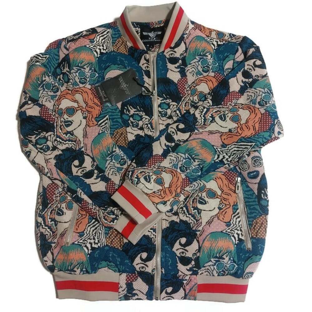 VIP Collection Faces Tapestry Bomber Jacket Retro Graphic Streetwear Mens L